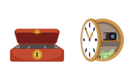 Safe Clock and Jewelry Box with Keyhole Set Vector Illustrationのイラスト素材