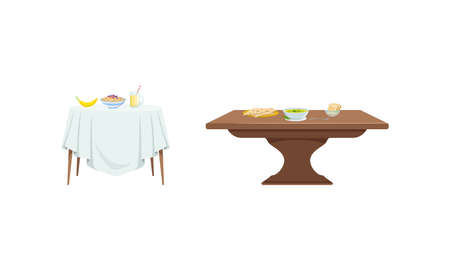 Tables with Breakfast Dishes Set, Table with Healthy Tasty Meals Vector Illustrationのイラスト素材