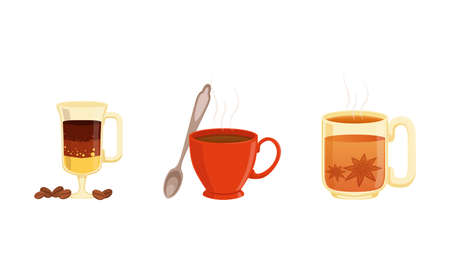 Morning Breakfast Drinks Set, Hot Aroma Beverages, Tea and Coffee Cups Cartoon Vector Illustrationのイラスト素材