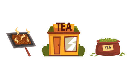 Tea Production Set, Tea Leaves Picking, Drying and Selling Vector Illustrationのイラスト素材