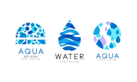Aqua Splash Logo Design Set, Water Blue Badges, Natural Mineral Aqua Labels Vector Illustrationのイラスト素材