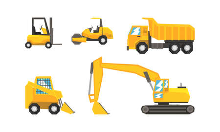 Construction and Industrial Vehicles Set, Excavator, Forklift, Truck, Tractor Cartoon Vector Illustrationのイラスト素材
