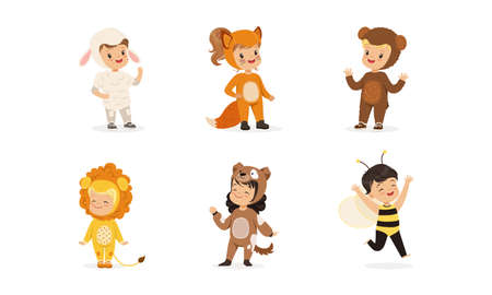 Cute Adorable Kids Wearing Animal Costumes Set, Sheep, Squirrel, Bear, Lion, Dog, Bee Cartoon Vector Illustrationのイラスト素材