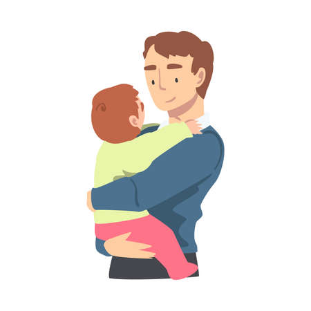 Dad Hugging his Toddler Baby, Happy Parenting, Fatherhood and Kids Care Cartoon Vector Illustrationのイラスト素材