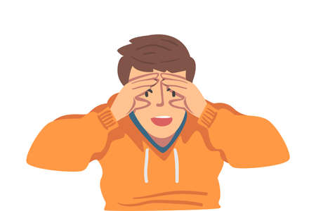 Young Man Looking into the Distance with his Hands above Eyes Cartoon Vector Illustrationのイラスト素材