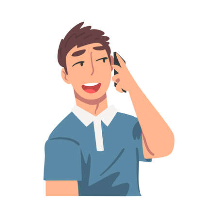 Cheerful Young Man Talking on Phone, Guy Communicating Using Smartphone Cartoon Vector Illustrationのイラスト素材