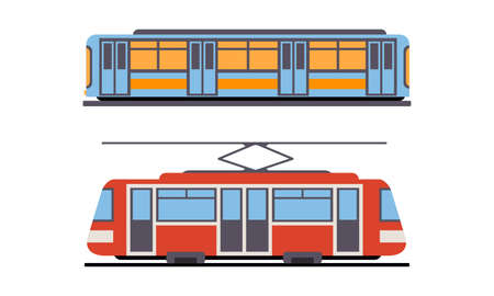 Tram or Streetcar and Train as Rail Vehicle Running on Tramway Track Along Urban Streets Vector Setのイラスト素材