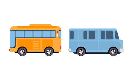Bus or Omnibus as Road Vehicle for Carrying Passengers Vector Setのイラスト素材
