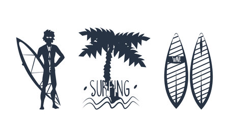 Black Surfing Silhouette with Palm Tree and Man with Surfboard Vector Setのイラスト素材