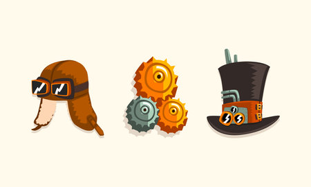 Steampunk Fictional Objects and Mechanism with Mechanical Top Hat and Cogwheels Vector Setのイラスト素材