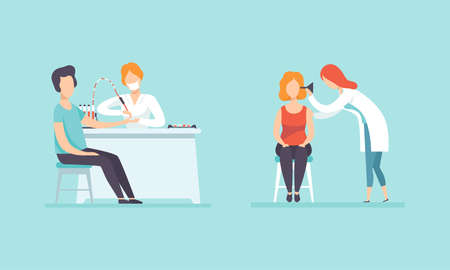 Medical Physical Health Checkup with Doctor Therapist Examinig Patient Vector Setのイラスト素材