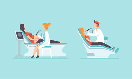 Medical Physical Health Checkup with Doctor Therapist Examinig Patient Vector Setのイラスト素材