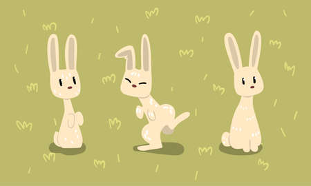 Small White Bunny in Different Poses on Green Grass or Lawn Vector Setのイラスト素材