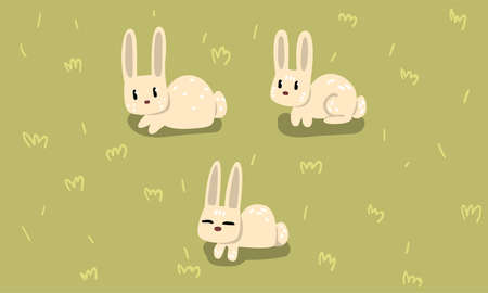Small White Bunny in Different Poses on Green Grass or Lawn Vector Setのイラスト素材