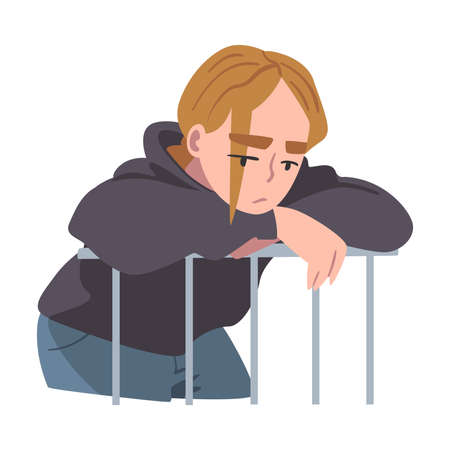 Unhappy Depressed Girl, Young Woman Feelings, Human Emotions Concept Cartoon Vector Illustrationのイラスト素材