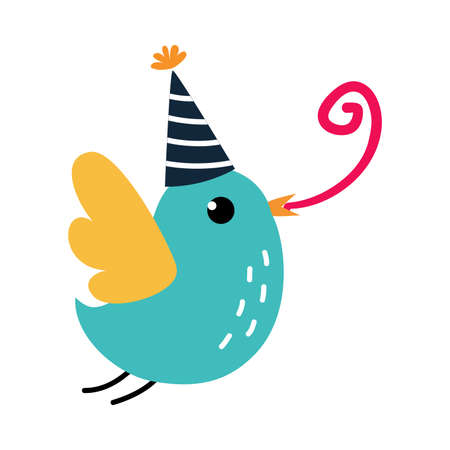 Happy Birthday Concept, Adorable Bird in Party Hat Flying with Party Blower Whistle, Baby Shower Celebration Element Cartoon Vector Illustrationのイラスト素材