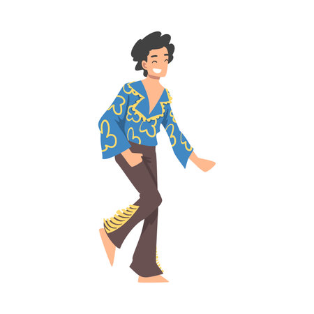 Cheerful Man Wearing Retro Style Clothing of 70s Dancing at Party Cartoon Vector Illustrationのイラスト素材