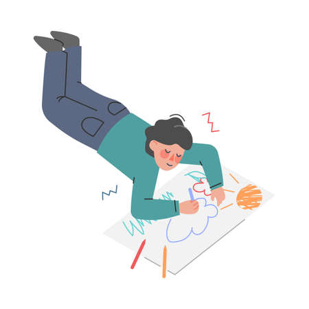 Cute Boy Lying on Floor and Drawing on Paper with Pencils, Creative Hobby for Children Cartoon Vector Illustrationのイラスト素材