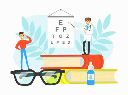 Optometrist Checking Patient Eyesight with Test Chart in Office, Doctor Doing Medical Examination of Man, Medical Service Vector Illustrationのイラスト素材