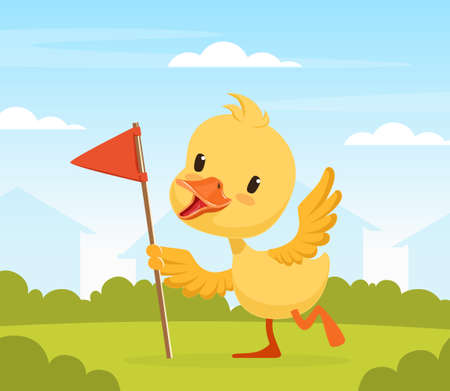Adorable Duckling Holding Red Flag, Cute Little Bird Standing on Beautiful Summer Landscape Vector Illustrationのイラスト素材