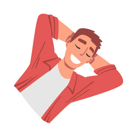 Top View of Young Man Lying with Hands behind his Head, Smiling Man Lying on Isolated White Background Looking Up Vector Illustrationのイラスト素材