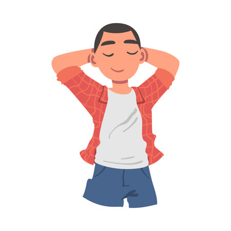 Cute Boy Lying with Hands behind his Head, View from Above of Dreaming Kid Lying on Isolated White Background Vector Illustrationのイラスト素材