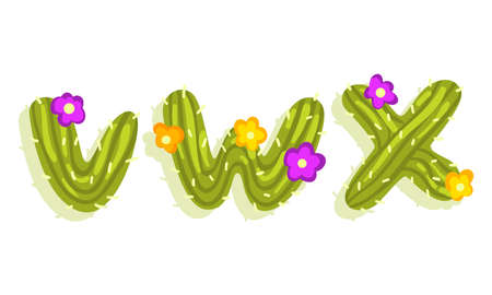 Latin Alphabet of Green Cactus with Blooming Flowers Vector Setのイラスト素材