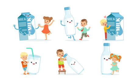 Little Boy and Girl Playing with Humanized Milk in Glass and Carton Vector Setのイラスト素材