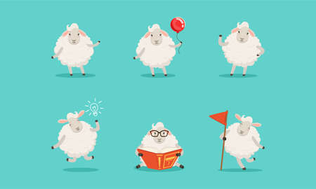 Cute Fluffy Sheep Reading Book and Holding Balloon Vector Setのイラスト素材
