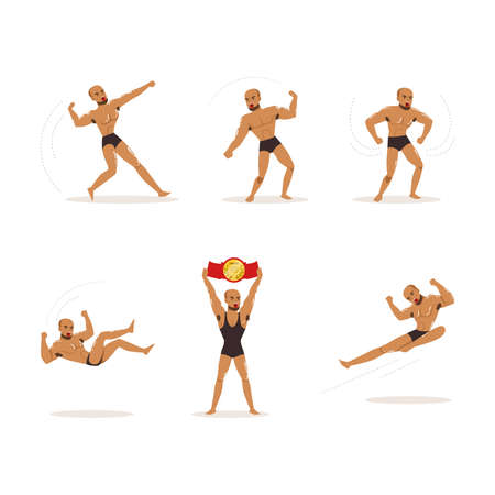 Freestyle Wrestling Fighter In Black Underwear Engaged in Violent Fight Vector Setのイラスト素材