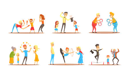 Street Entertainers Showing Performance with Juggling and Acrobatics Vector Setのイラスト素材