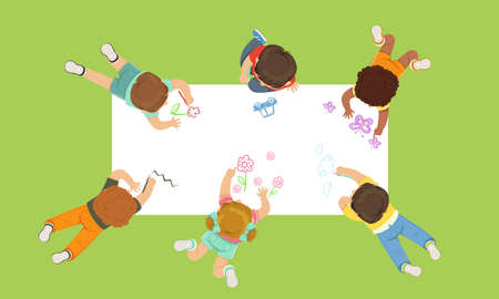 Little Girl and Boy Lying on the Floor and Drawing on White Paper Above View Vector Illustrationのイラスト素材