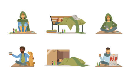 Homeless People Characters Living on the Streets Looking Hungry and Dirty Vector Setのイラスト素材