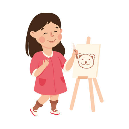 Girl Artist Painting on Canvas, Cute Kid Practicing Skills to Find Dream at Art School Cartoon Vector Illustrationのイラスト素材