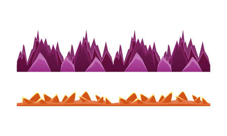 Alien Planet Mountain Landscape Set, Game Level, Fantasy Ground Surface Cartoon Vector Illustrationのイラスト素材