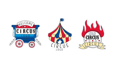 Welcome Circus Logo Set, Carnival and Circus Show Retro Badges and Labels Hand Drawn Vector Illustrationのイラスト素材