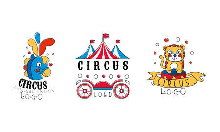 Set of Circus Logo Original Design, Carnival Show Retro Badges, Labels Hand Drawn Vector Illustrationのイラスト素材