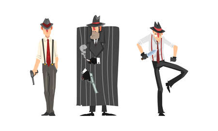 Male Gangsters in Retro Suits with Weapon Set, Mafia Mob Characters Cartoon Vector Illustrationのイラスト素材