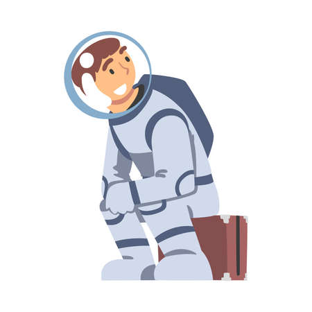 Cheerful Male Astronaut Sitting on Suitcaseのイラスト素材