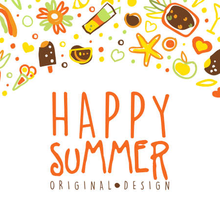 Happy Summer Banner Template with Holiday Symbolsのイラスト素材