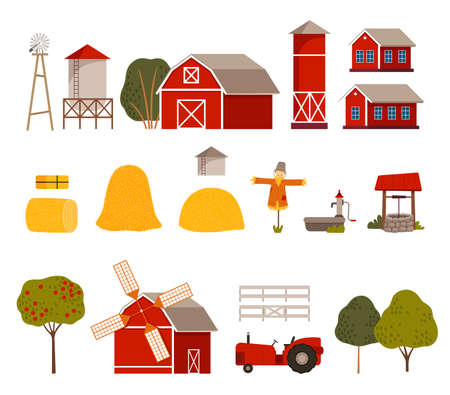 Rural Landscape Elements with Hay Stack, Red Barn and Windmill Vector Setのイラスト素材