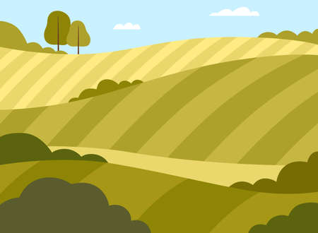 Country View with Sown Field and Pasture Land as Green Landscape Vector Illustrationのイラスト素材