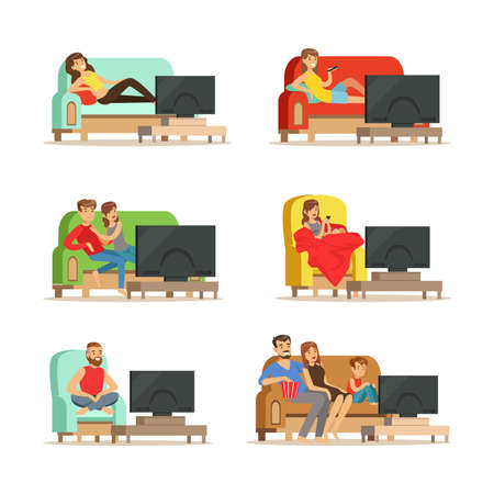 People Characters Lounging on Sofa or in Armchair Watching TV Vector Illustration Setのイラスト素材
