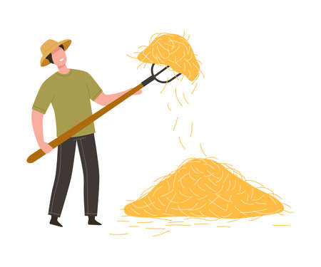 Man Farmer in Straw Hat Holding Pitchfork Gathering Hay in Stack Vector Illustrationのイラスト素材