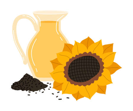 Ripe Sunflower and Jug with Oil as Seasonal Harvesting and Yield Vector Illustrationのイラスト素材