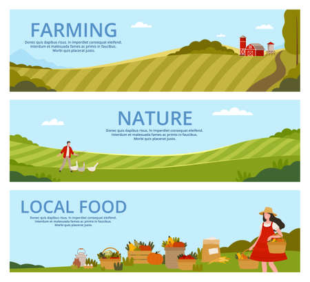 Organic Farming and Local Food Landing Page Template with Agricultural Fields and Ripe Crop Yield Vector Setのイラスト素材