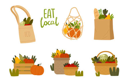 Local Organic Food and Eco Products in Basket and Shopping Bags Vector Setのイラスト素材