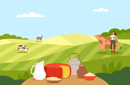 Dairy Products and Countryside View with Woman Farmer Stroking Cow and Holding Bucket with Fresh Milk Vector Illustrationのイラスト素材