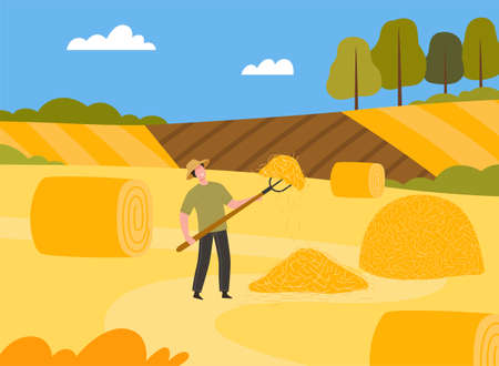 Man Farmer in Straw Hat Holding Pitchfork Gathering Hay in Stack Vector Illustrationのイラスト素材