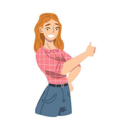 Smiling Female Showing Thumb Up Gesture as Approval or Agreement Sign Vector Illustrationのイラスト素材